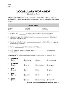 Learn and practice the 20 words from Vocabulary Workshop Level A Unit 1 with a fun and challenging crossword puzzle. Download, print or solve online. ... Vocabulary Workshop Level B Unit 10 Answers Sadlier Vocabulary Workshop Enriched Edition / Common Core Edition Level ...